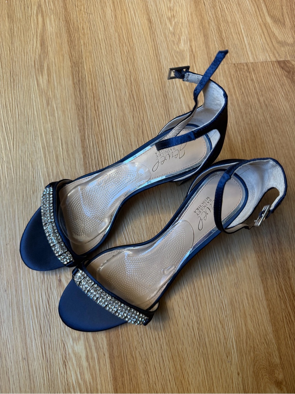 Jewel Badgley Mischka Navy Satin Open-Toe Heels with Crystal Strap